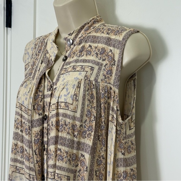 Olivaceous Tunic Dress Button Down Linen Sleeveless Floral Cream Small Boho - Picture 5 of 8